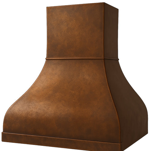 Handcrafted soft hammered copper range hood design angled view