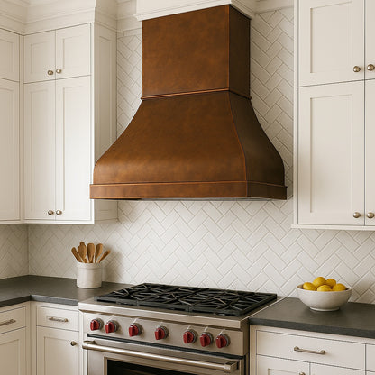 Handcrafted soft hammered copper range hood design in a transitional style kitchen