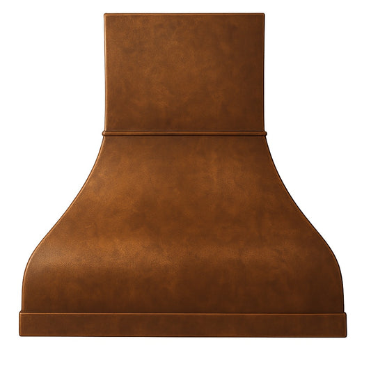 Handcrafted soft hammered copper range hood design seen from the front