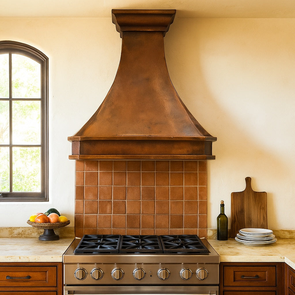 Southeastern style kitchen with an antique flared copper range hood with a stepped crown design