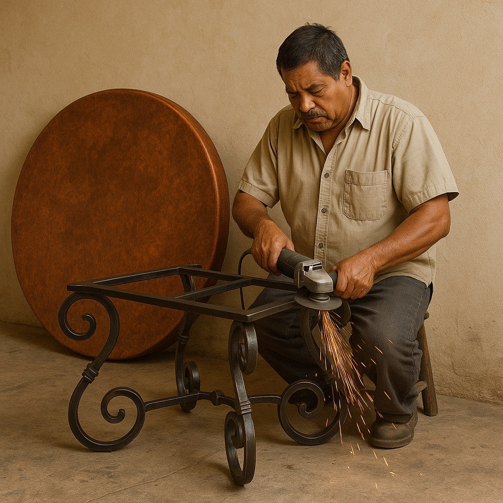 Mexican coppersmith producing hammered copper piece at workbench, using mallet on metal surface with traditional tools