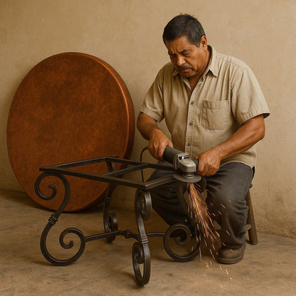 Mexican coppersmith producing hammered copper piece at workbench, using mallet on metal surface with traditional tools