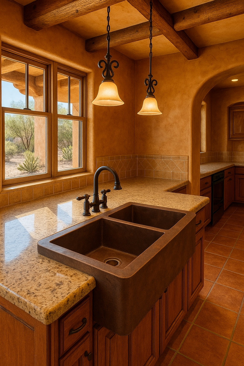 Spanish revival 36-inch custom apron copper kitchen sink with large left and smaller right bowl