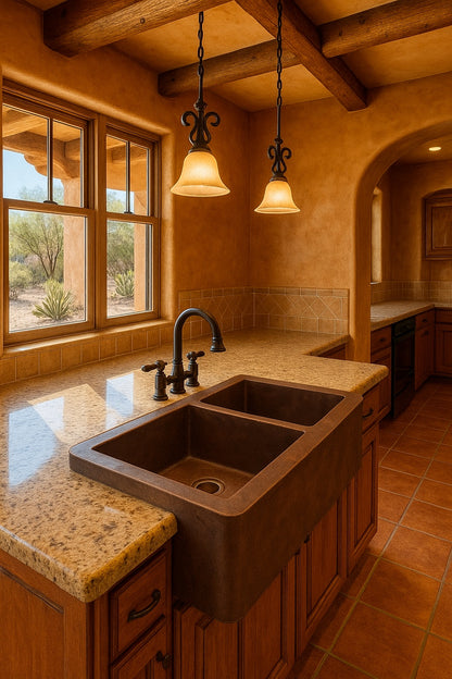 Spanish revival 36-inch custom apron copper kitchen sink with large left and smaller right bowl