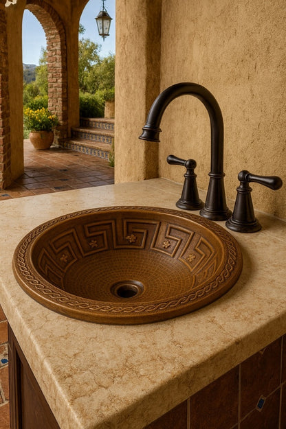 Outdoor Spanish Revival bathroom with a custom round copper drop-in bathroom sink with geometric band and braided rim