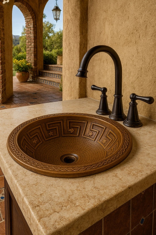 Outdoor Spanish Revival bathroom with a custom round copper drop-in bathroom sink with geometric band and braided rim