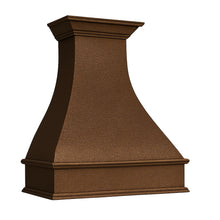 Spanish Revival hammered copper kitchen range hood seen from the angle