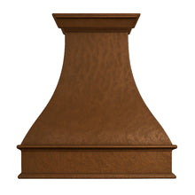 Spanish Revival hammered copper kitchen range hood on a white background
