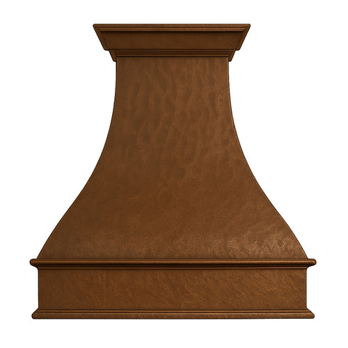 Spanish Revival hammered copper kitchen range hood on a white background