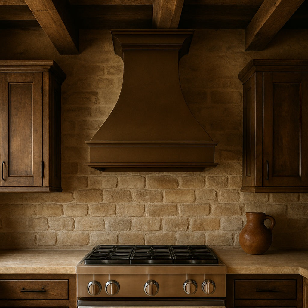 Spanish Revival custom hammered 36-inch copper range hood in a rustic kitchen