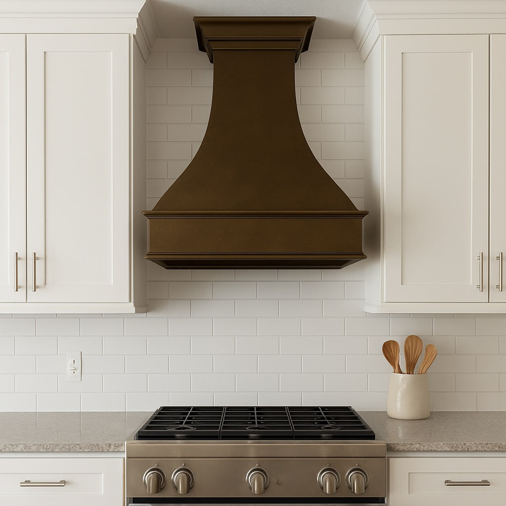 Spanish Revival hammered copper range hood in a kitchen