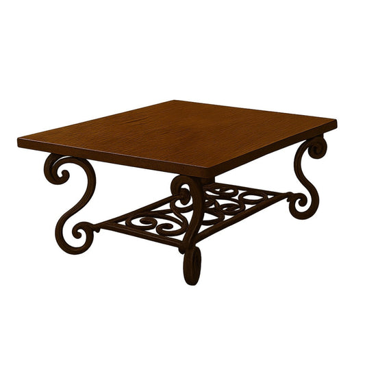 Square copper table with a curved scroll iron base and handcrafted top