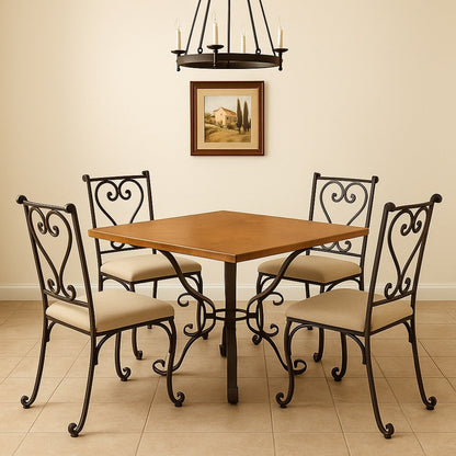 Square copper table 42 inch in hacienda dining room, hammered top with warm patina on multi scroll forged iron pedestal base
