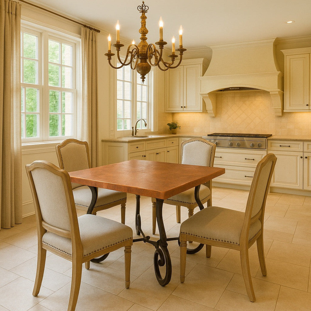 Square handcrafted copper table in kitchen, hammered top with warm patina on Spanish Colonial iron stand base