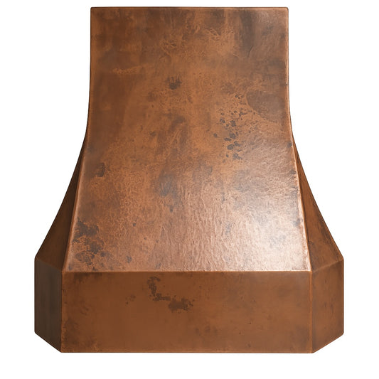 Modern tapered copper range hood with smooth patina finish, front view