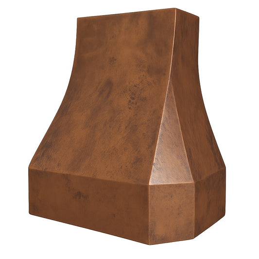 Modern tapered copper range hood with smooth patina finish, side view