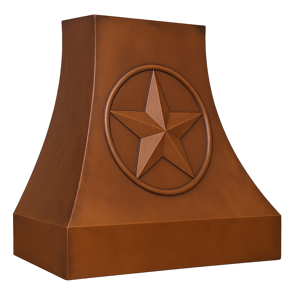 Texas star style curved copper range hood angled view