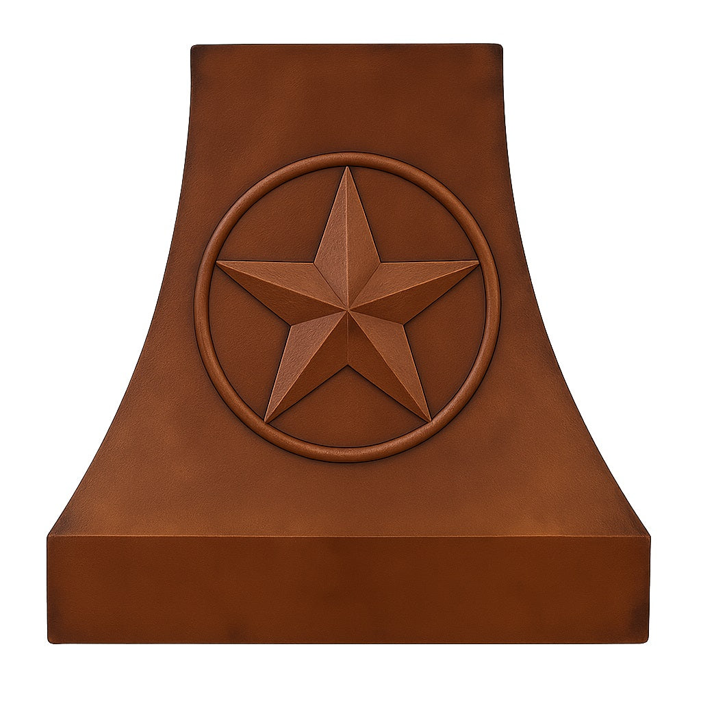 Texas star style curved copper range hood front view