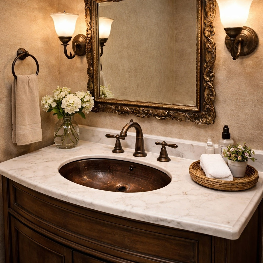 Traditional style powder room with a small oval copper bathroom sink with hammered finish