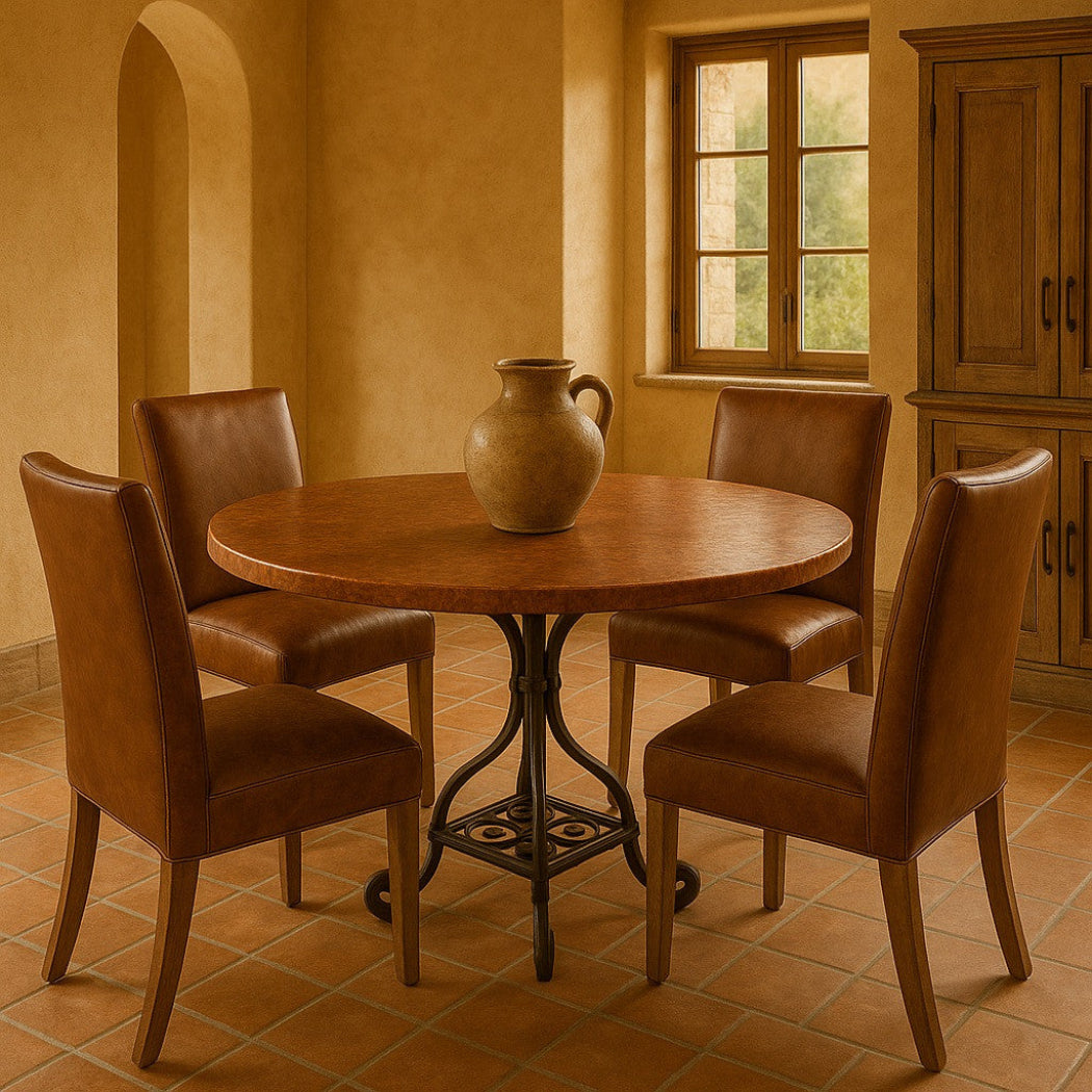 Hand-hammered copper table with iron stand and four brown leather chairs in a warm-toned traditional rustic dining room