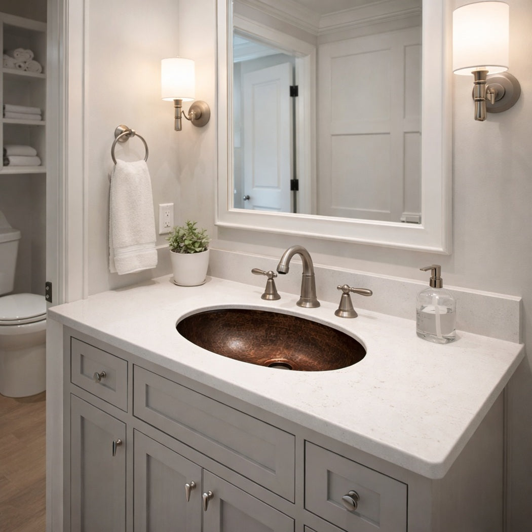 Transitional style powder room with a small oval copper bathroom sink with hammered finish