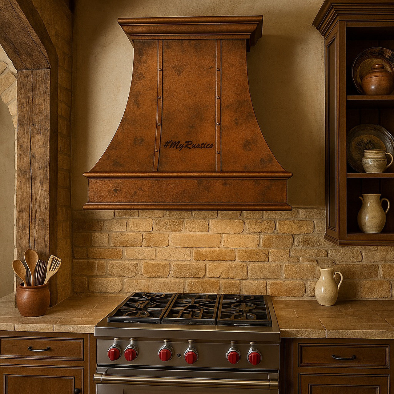 30-inch custom transitional rustic copper range hood with flared bell shape