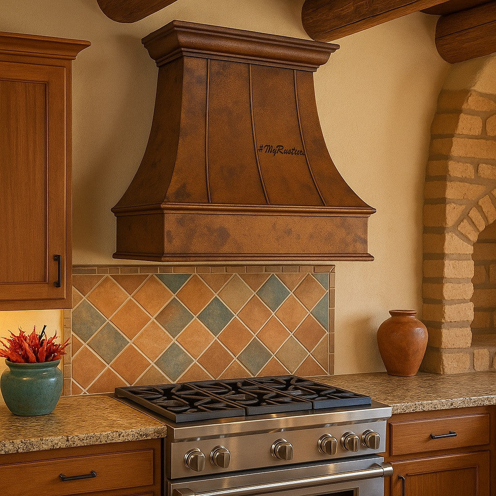 36-inch transitional rustic copper range hood with flared bell shape