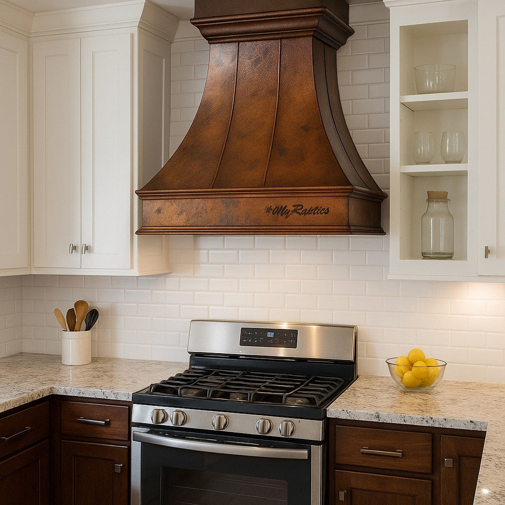 Custom 48-inch transitional rustic copper range hood with flared bell shape