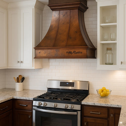 Custom 48-inch transitional rustic copper range hood with flared bell shape