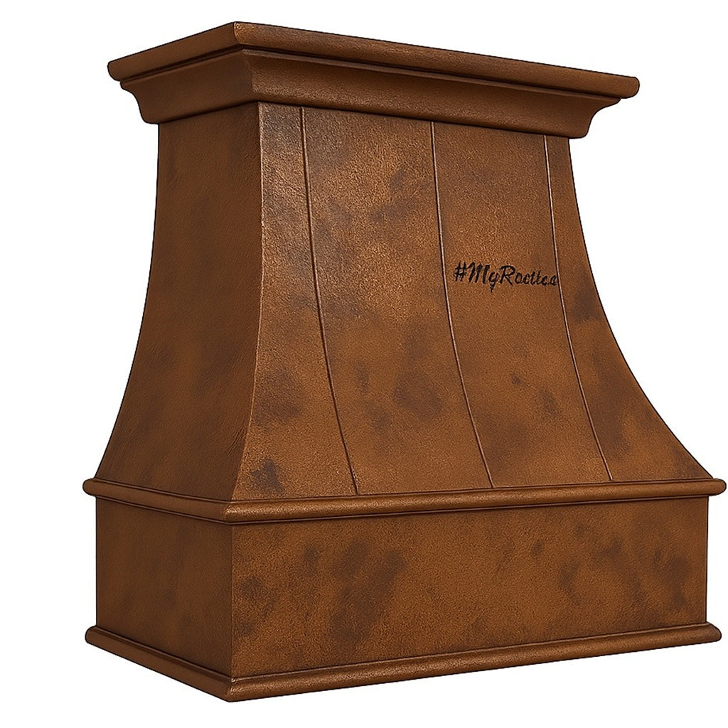 Transitional rustic copper range hood with flared bell shape side view