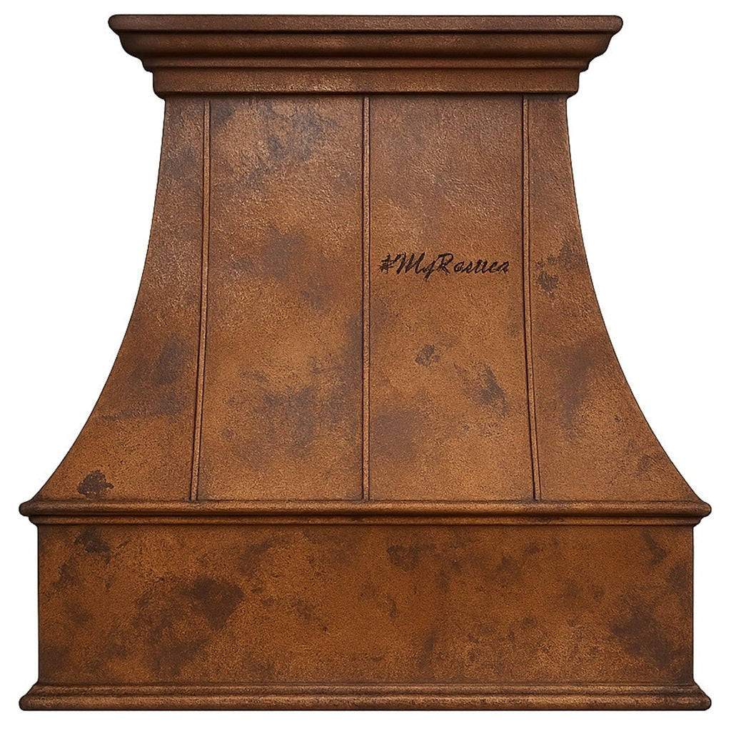 Transitional rustic copper range hood with flared bell shape