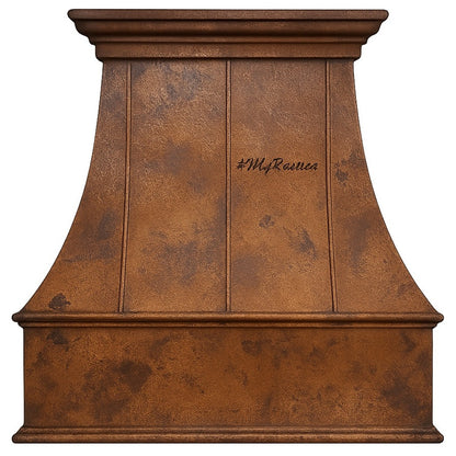 Transitional rustic copper range hood with flared bell shape