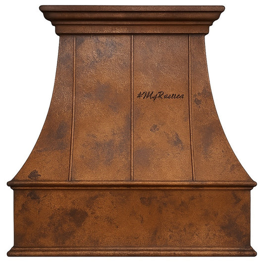 Transitional rustic copper range hood with flared bell shape