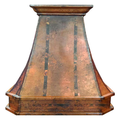 Transitional Rustic Custom Copper Range Hood showcases a bold architectural silhouette defined by gently flared sides 
