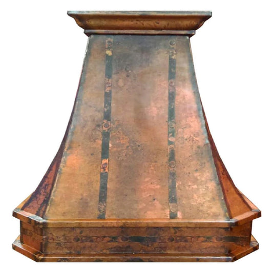 Transitional Rustic Custom Copper Range Hood showcases a bold architectural silhouette defined by gently flared sides 