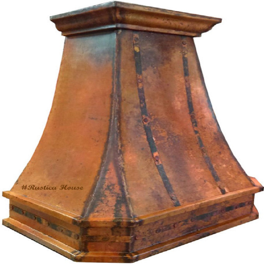 Side view of transitional rustic custom copper range hood