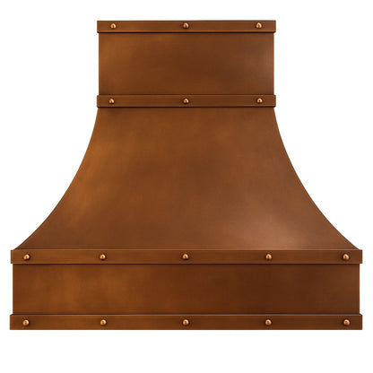 Transitional rustic smooth copper range hood with straps, front view
