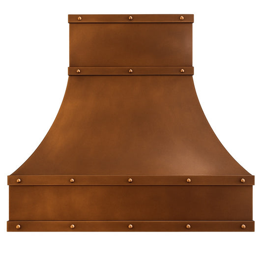 Transitional rustic smooth copper range hood with straps, front view