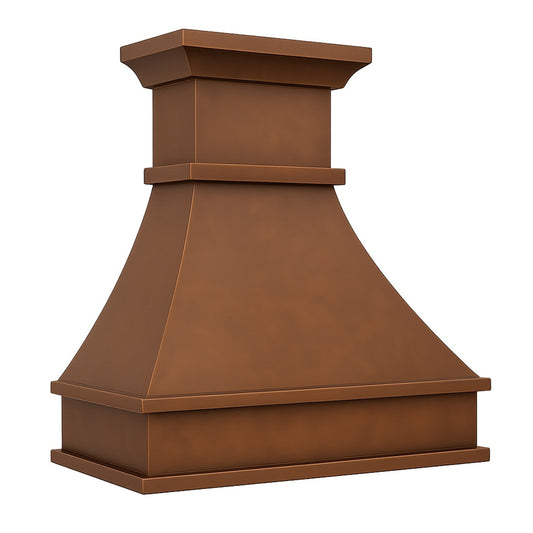 Trapezoid copper range hood with mid-band crown and base, detailed view of the apron and crown molding
