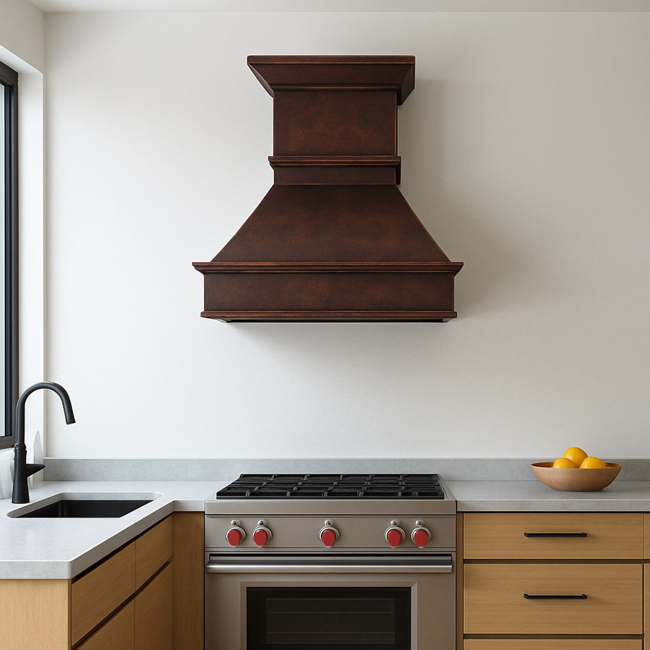 Trapezoid copper range hood with mid-band crown and base in a minimalist modern kitchen