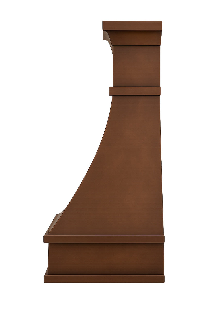 Trapezoid copper range hood with mid-band crown and base, side view
