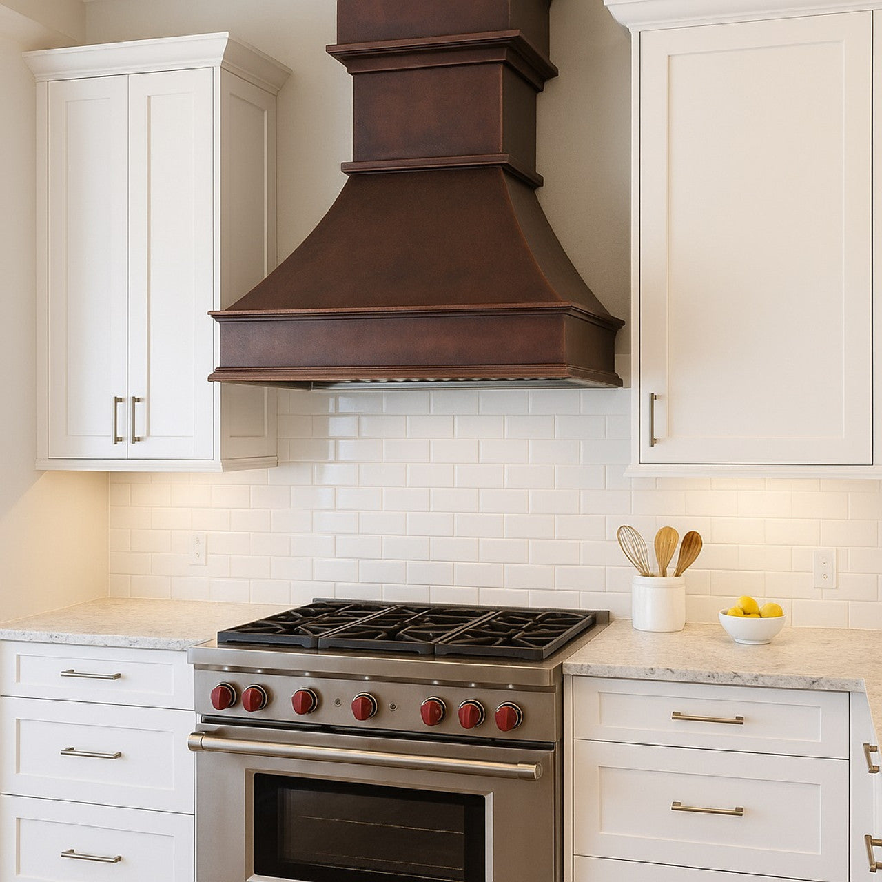 Trapezoid copper range hood with mid-band crown and base in a traditional suburban kitchen