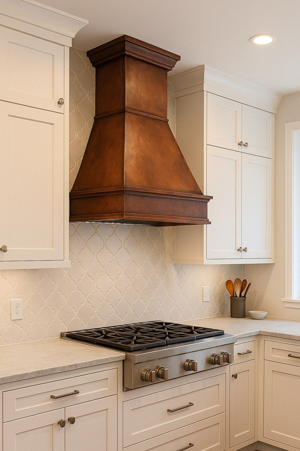 Trapezoid copper range hood with mid-band crown and base in a transitional kitchen