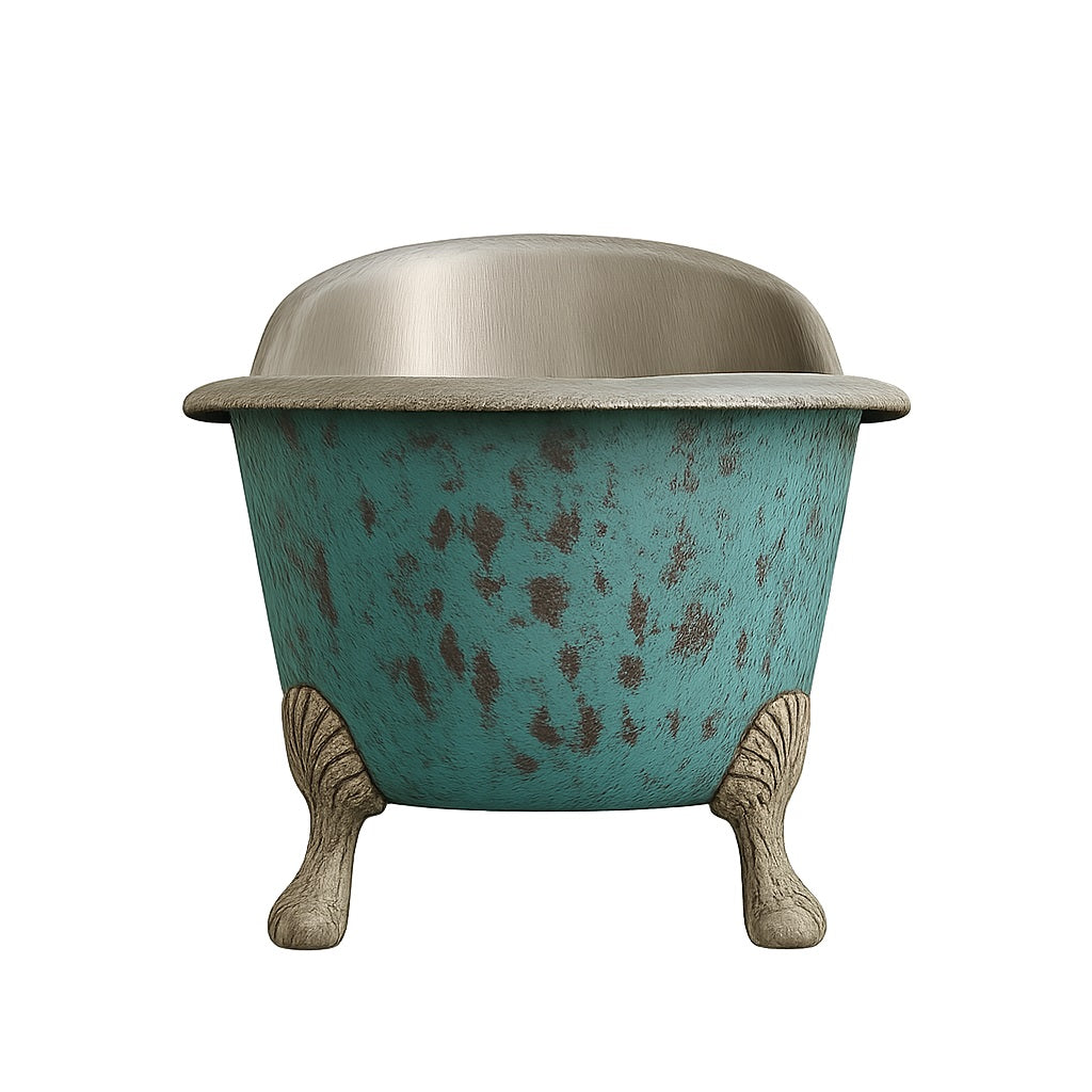 Turquoise patina clawfoot copper bathtub with tin interior front view