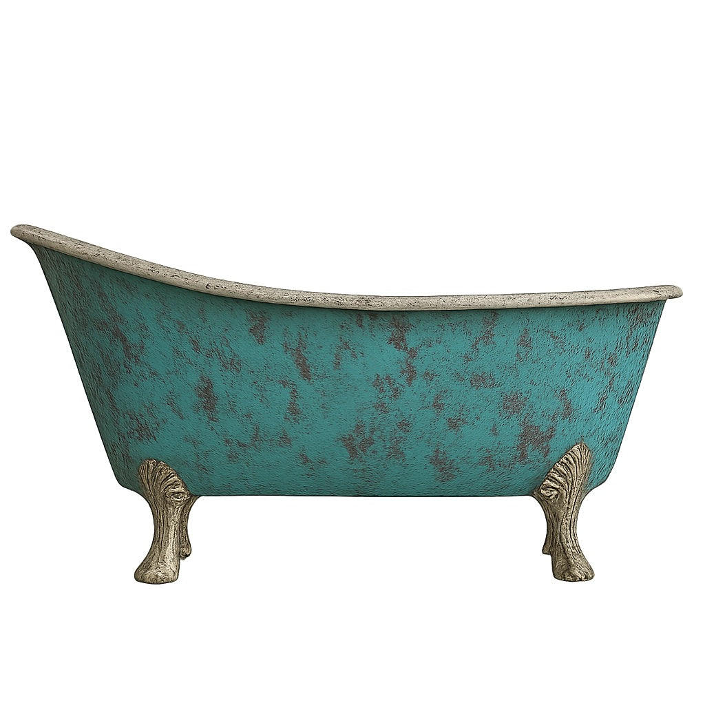 Turquoise patina clawfoot copper bathtub with tin interior