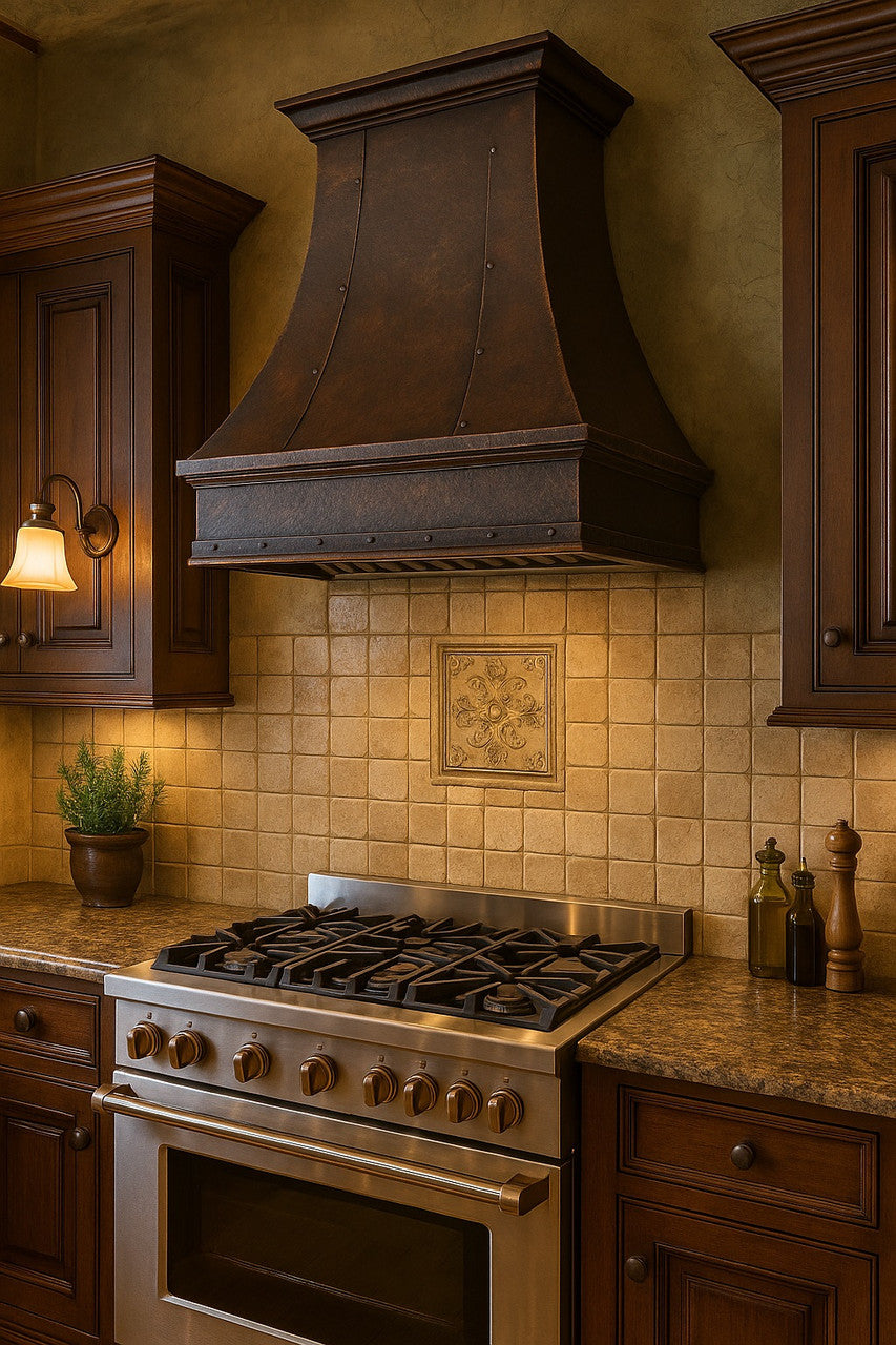 30-inch vintage copper range hood with a tapered body