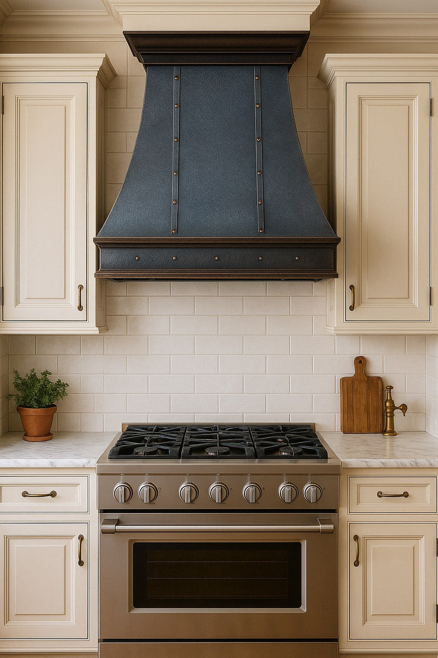 36-inch vintage copper range hood with a tapered body