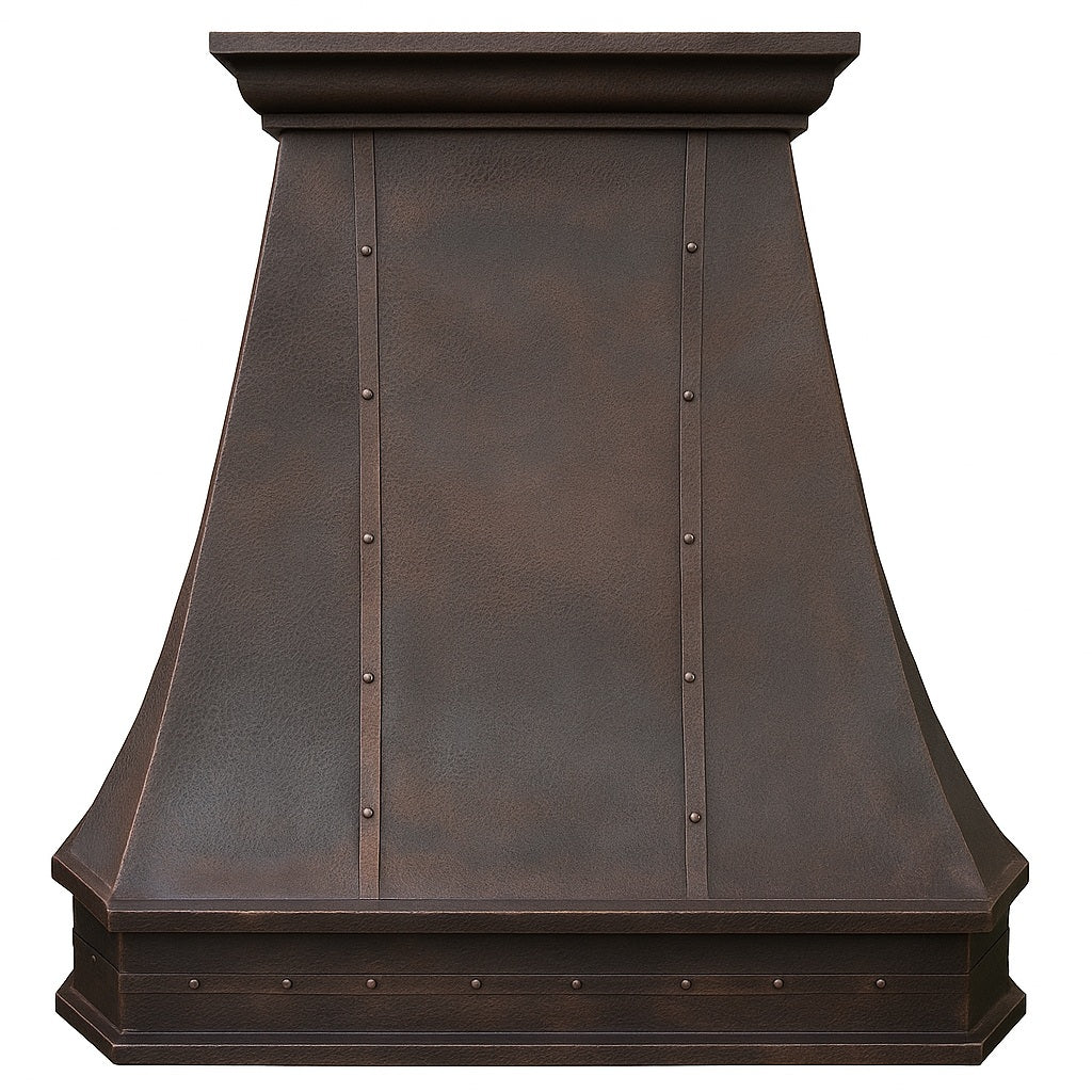 Vintage copper range hood with a tapered body, front view