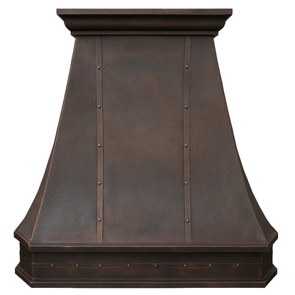 Vintage copper range hood with a tapered body, front view