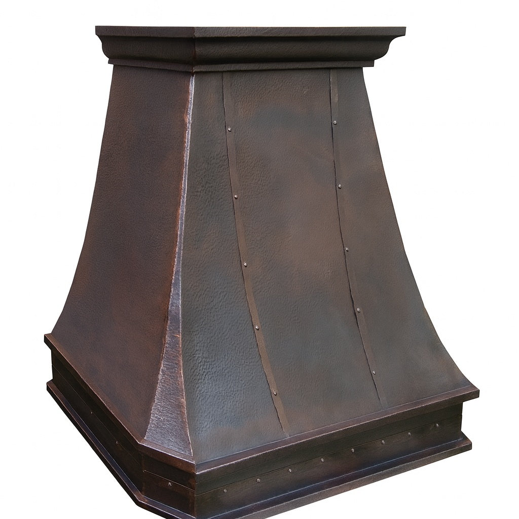 Vintage copper range hood with a tapered body, side view
